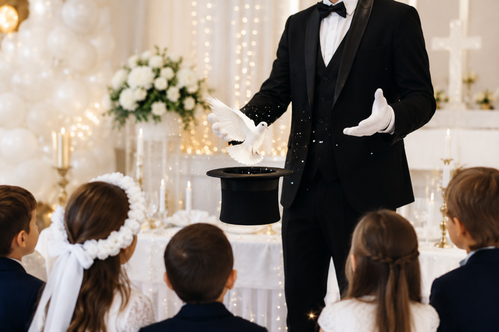 Realistyczna grafika bez widocznych twarzy przedstawiająca iluzjonistę na komunii, który w eleganckiej sali udekorowanej białymi kwiatami, świecami i balonami wykonuje pokaz magiczny z kapeluszem oraz białą gołębicą, podczas gdy dzieci w strojach komunijnych oglądają występ od tyłu, co symbolizuje atrakcję na przyjęcie komunijne, rodzinne wydarzenie i wyjątkową rozrywkę dla najmłodszych gości.